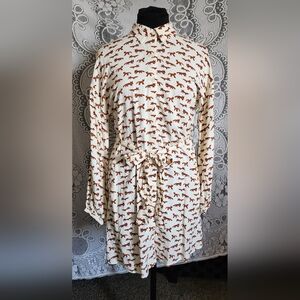Compania Fantastica - Cream Fox Print Long Sleeve Button-up Dress - (S)